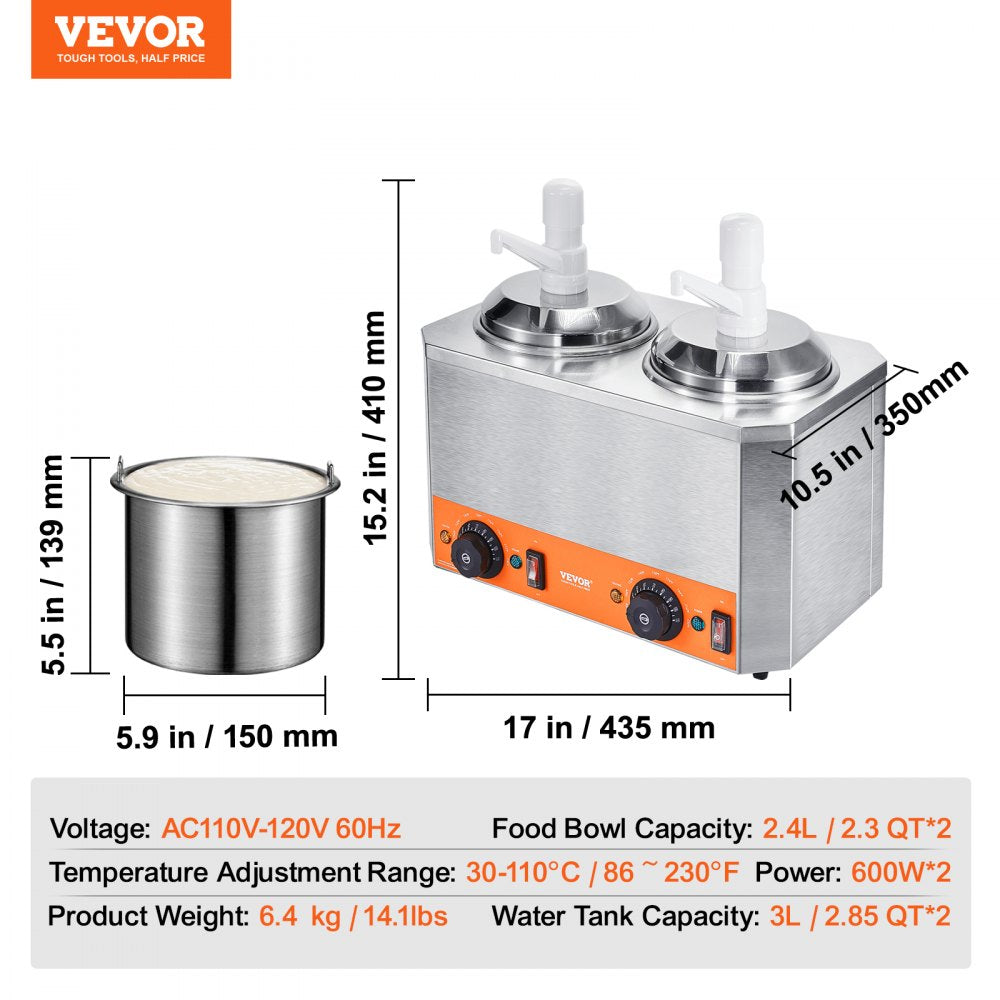 VEVOR Electric Cheese Dispenser with Pumps, 2.3x2 Qt Commercial Hot Fudge Warmer, Plastic Double Pumps Dispenser, 86-230? Temp Adjustable Nacho Cheese Sauce Warmer, for Hot Fudge Cheese Caramel