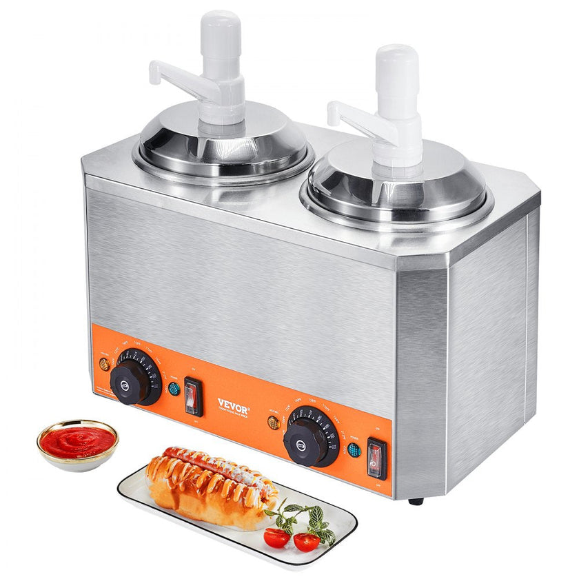 VEVOR Electric Cheese Dispenser with Pumps, 2.3x2 Qt Commercial Hot Fudge Warmer, Plastic Double Pumps Dispenser, 86-230? Temp Adjustable Nacho Cheese Sauce Warmer, for Hot Fudge Cheese Caramel