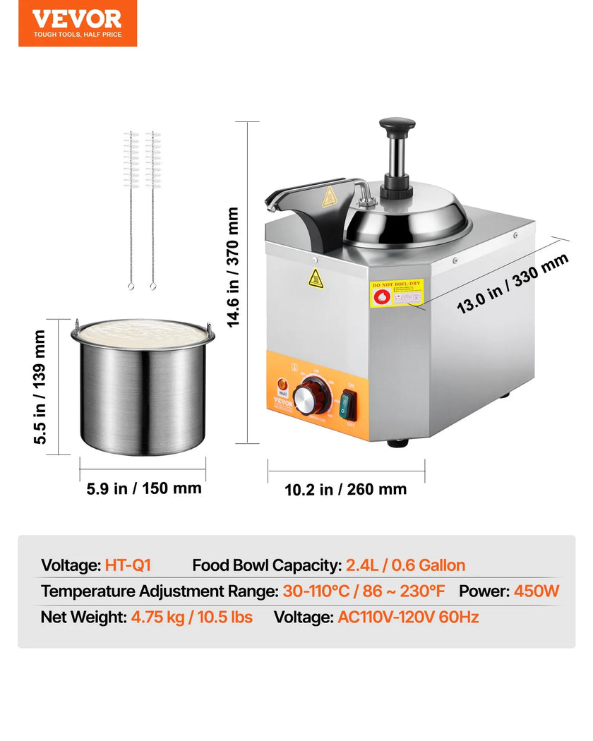 Electric Cheese Dispenser with Heated Pump, 2.4L Commercial Sauce Warmer, Adjustable Temperature 86°F–230°F