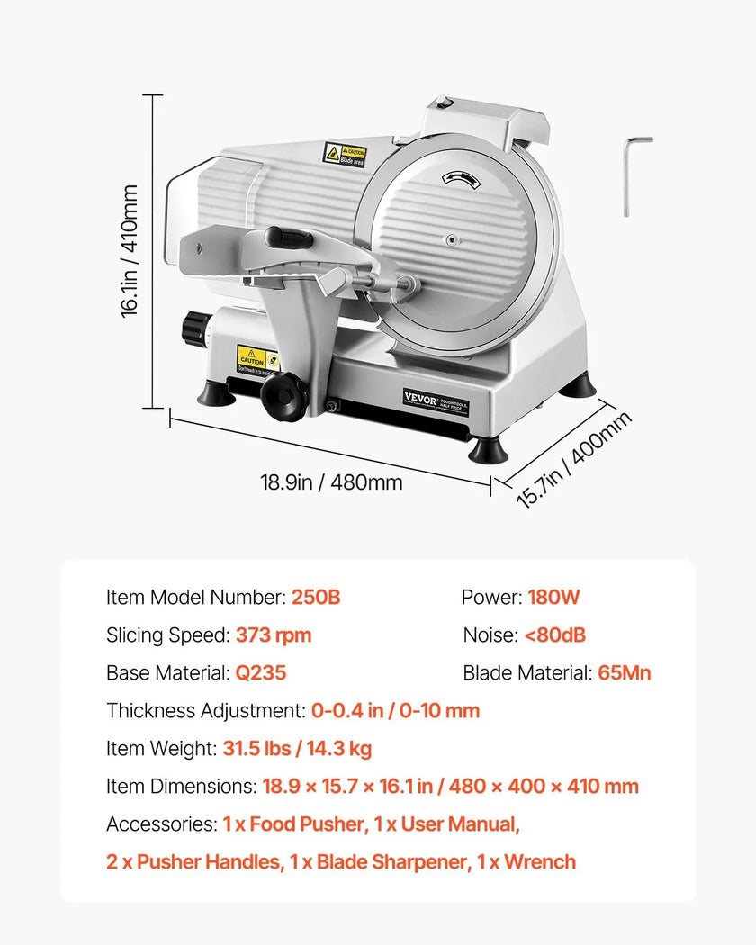VEVOR Meat Slicer 180W 10 inch Electric Deli Food Slicer for Meat Bread Cheese