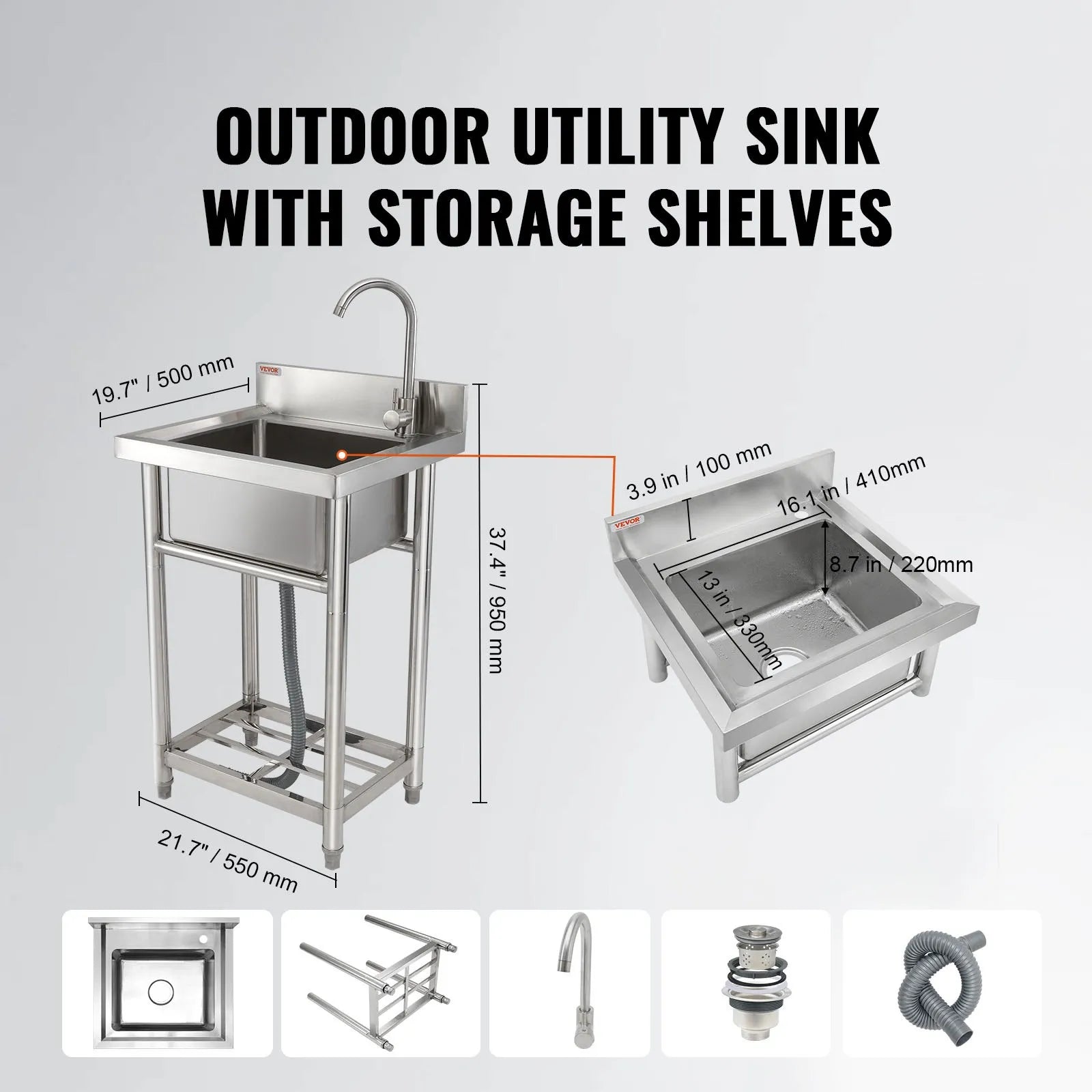 VEVOR Stainless Steel Utility Sink, 16 x 13 x 8.7 in Free Standing Small Sink Include Faucet & legs, 1 Compartment Commercial Single Bowl Sinks for Garage, Restaurant, Kitchen, Laundry