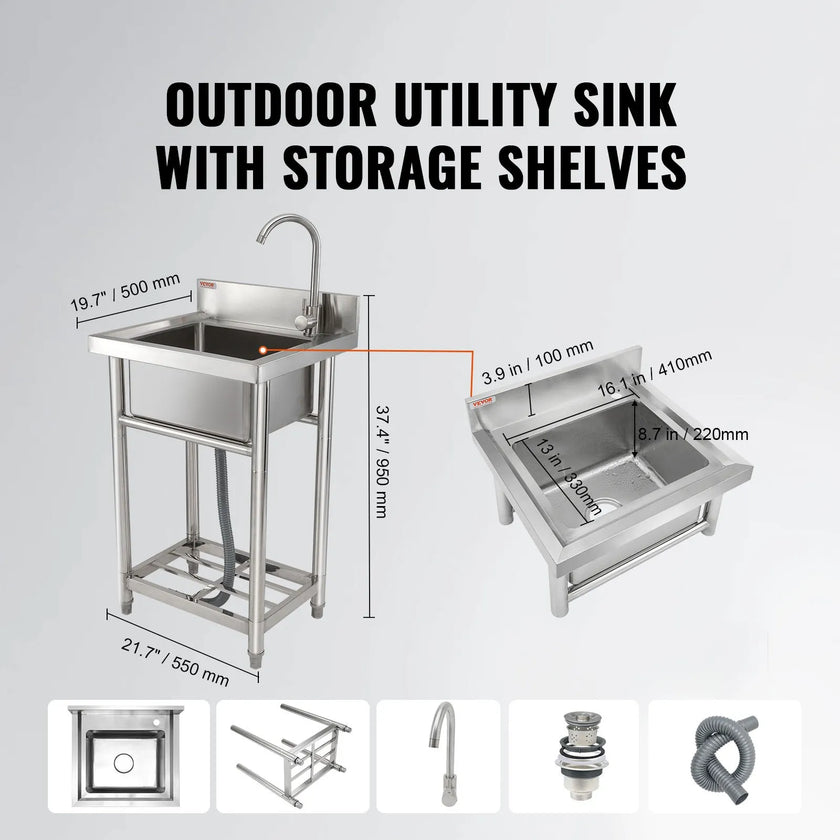 VEVOR Stainless Steel Utility Sink, 16 x 13 x 8.7 in Free Standing Small Sink Include Faucet & legs, 1 Compartment Commercial Single Bowl Sinks for Garage, Restaurant, Kitchen, Laundry