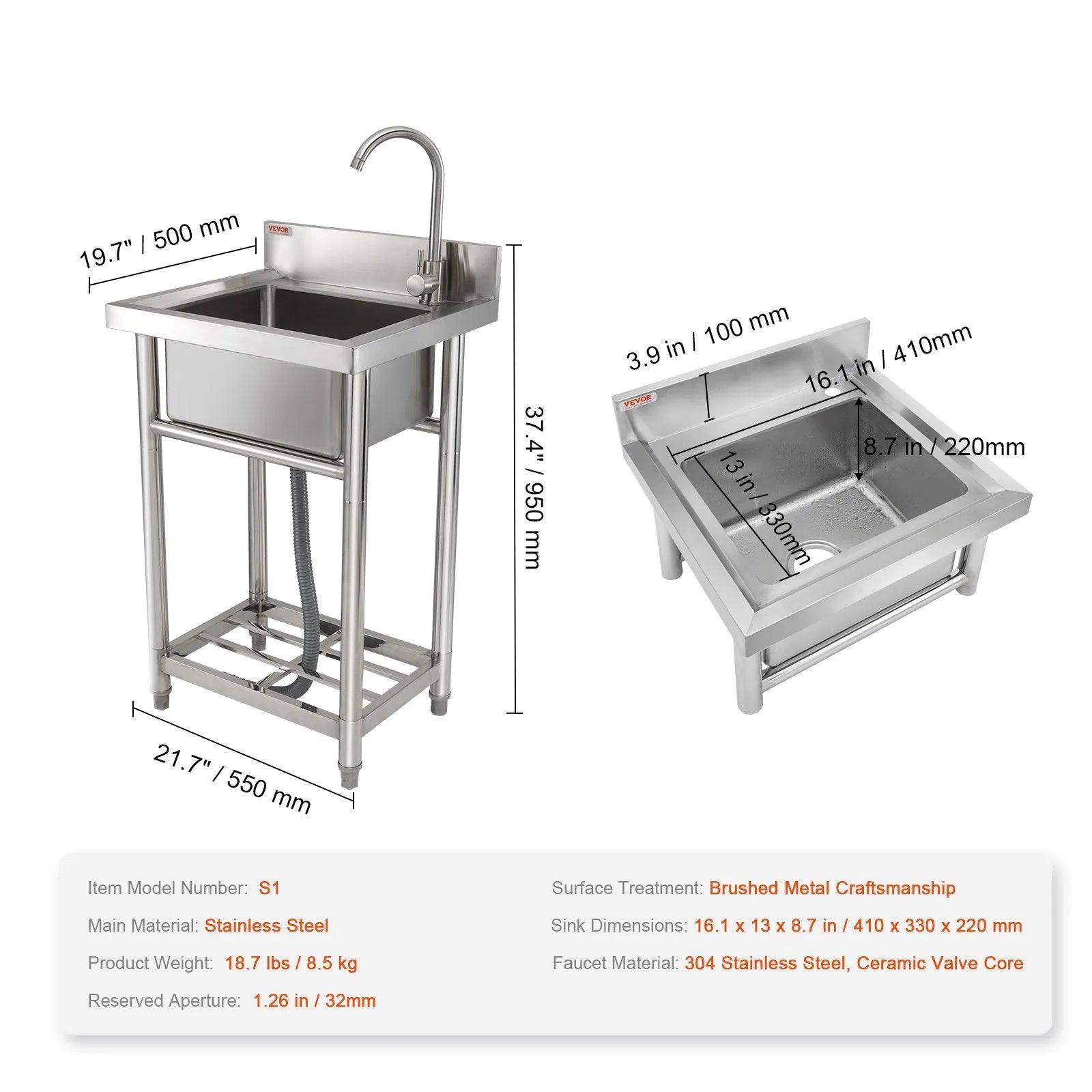VEVOR Stainless Steel Utility Sink, 16 x 13 x 8.7 in Free Standing Small Sink Include Faucet & legs, 1 Compartment Commercial Single Bowl Sinks for Garage, Restaurant, Kitchen, Laundry