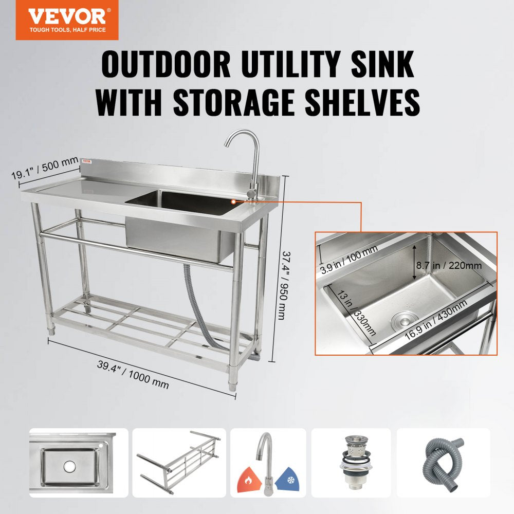 VEVOR Stainless Steel Utility Sink, 39.4 x 19.1 x 37.4 in Free Standing Single Bowl Commercial Kitchen Sink Set w/Workbench, Commercial Single Bowl Sinks for Garage, Restaurant, Laundry, NSF Certified