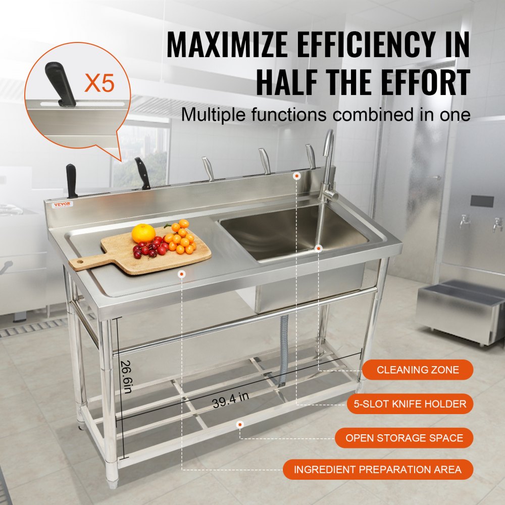 VEVOR Stainless Steel Utility Sink, 39.4 x 19.1 x 37.4 in Free Standing Single Bowl Commercial Kitchen Sink Set w/Workbench, Commercial Single Bowl Sinks for Garage, Restaurant, Laundry, NSF Certified
