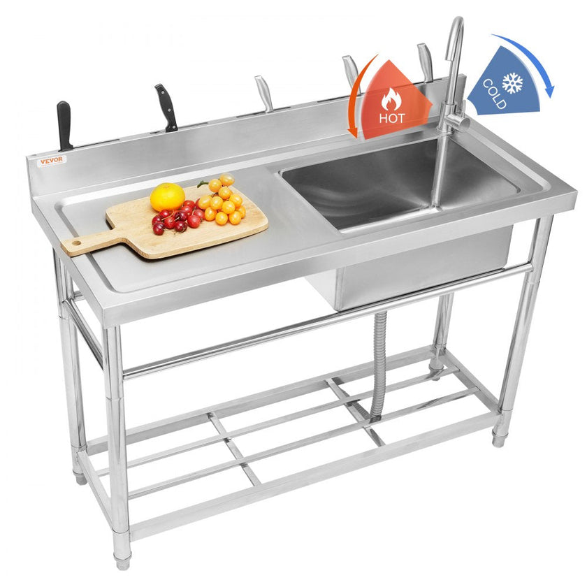 VEVOR Stainless Steel Utility Sink, 39.4 x 19.1 x 37.4 in Free Standing Single Bowl Commercial Kitchen Sink Set w/Workbench, Commercial Single Bowl Sinks for Garage, Restaurant, Laundry, NSF Certified