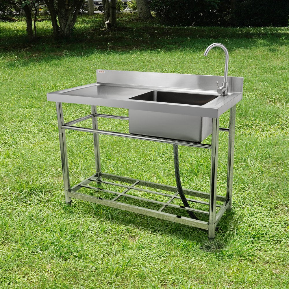 VEVOR Stainless Steel Utility Sink, 47.2 x 19.7 x 37.4 in Free Standing Small Sink w/Workbench Faucet & legs, 1 Compartment Commercial Single Bowl Sinks for Garage, Restaurant, Laundry, NSF Certified