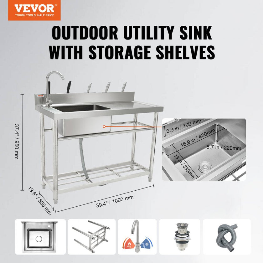 VEVOR Stainless Steel Utility Sink, 39.4 x 19.1 x 37.4 in Free Standing Small Sink w/Workbench Faucet & legs, 1 Compartment Commercial Single Bowl Sinks for Garage, Restaurant, Laundry, NSF Certified