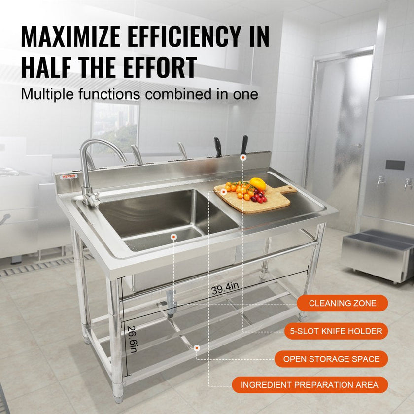 VEVOR Stainless Steel Utility Sink, 39.4 x 19.1 x 37.4 in Free Standing Small Sink w/Workbench Faucet & legs, 1 Compartment Commercial Single Bowl Sinks for Garage, Restaurant, Laundry, NSF Certified