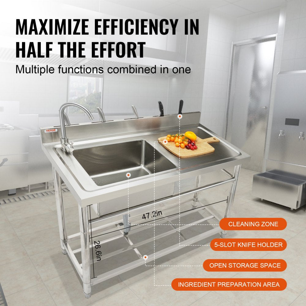 VEVOR Stainless Steel Utility Sink, 47 x 19.7 x 37.4 in Free Standing Single Bowl Commercial Kitchen Sink Set w/Workbench, Commercial Single Bowl Sinks for Garage, Restaurant, Laundry, NSF Certified