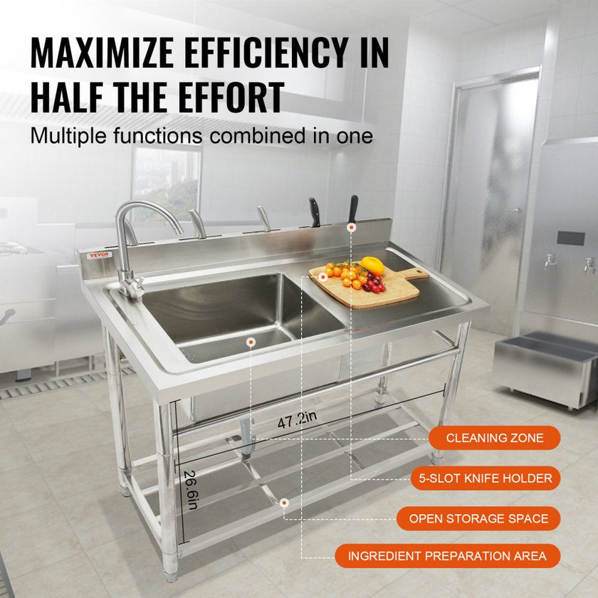 VEVOR Stainless Steel Utility Sink, 47 x 19.7 x 37.4 in Free Standing Single Bowl Commercial Kitchen Sink Set w/Workbench, Commercial Single Bowl Sinks for Garage, Restaurant, Laundry, NSF Certified