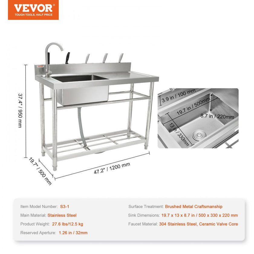 VEVOR Stainless Steel Utility Sink, 47 x 19.7 x 37.4 in Free Standing Single Bowl Commercial Kitchen Sink Set w/Workbench, Commercial Single Bowl Sinks for Garage, Restaurant, Laundry, NSF Certified
