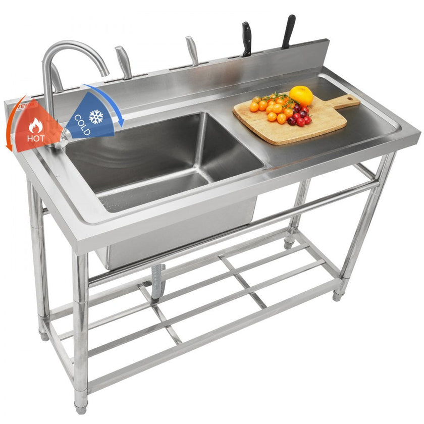 VEVOR Stainless Steel Utility Sink, 47 x 19.7 x 37.4 in Free Standing Single Bowl Commercial Kitchen Sink Set w/Workbench, Commercial Single Bowl Sinks for Garage, Restaurant, Laundry, NSF Certified