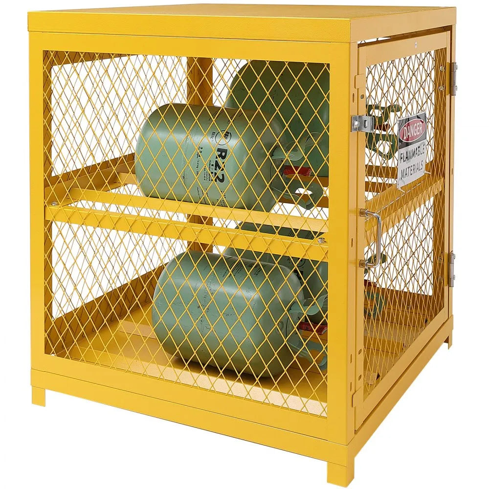 VEVOR Horizontal Cylinder Storage Cabinet, 4 x 33 lbs Cylinder Capacity, 31.02x30.04x35 inch Propane Storage Cage, Gas Cylinder Cabinet, Yellow Powder Coat Finish, for Freon, Gases, Oxygen, Nitrogen