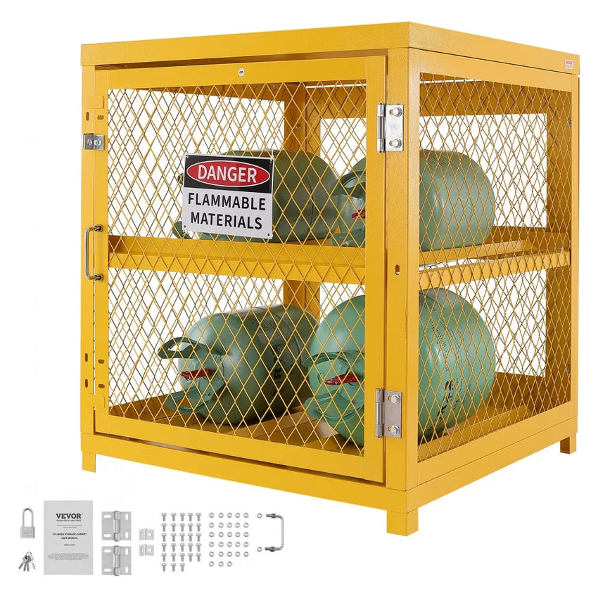 VEVOR Horizontal Cylinder Storage Cabinet, 4 x 33 lbs Cylinder Capacity, 31.02x30.04x35 inch Propane Storage Cage, Gas Cylinder Cabinet, Yellow Powder Coat Finish, for Freon, Gases, Oxygen, Nitrogen