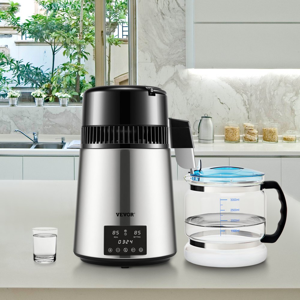 VEVOR Water Distiller, 1 L/H, 4L Distilled Water Maker w/ 0-99 H Timing, 750W Countertop Water Purifier w/ Dual Temp Display, Glass Carafe Cleaning Powder 3 Carbon Packs Equipped, FDA Approved, Silver