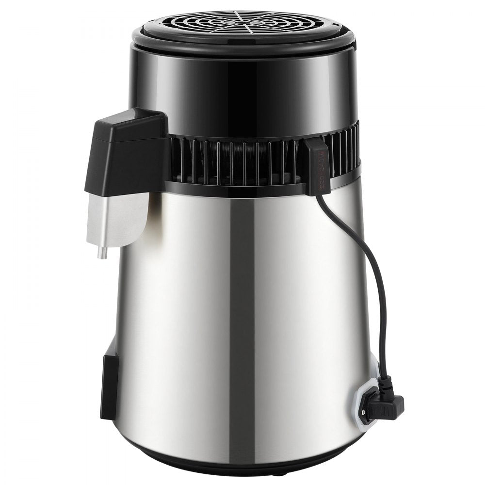 VEVOR Water Distiller, 1 L/H, 4L Distilled Water Maker w/ 0-99 H Timing, 750W Countertop Water Purifier w/ Dual Temp Display, Glass Carafe Cleaning Powder 3 Carbon Packs Equipped, FDA Approved, Silver