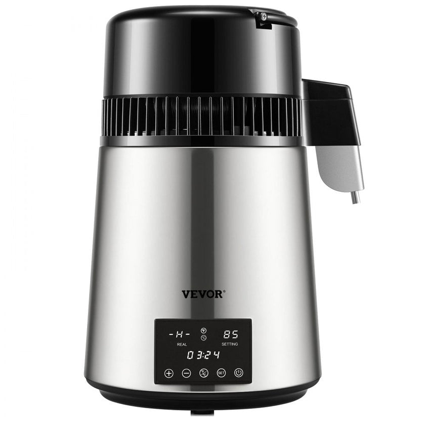 VEVOR Water Distiller, 1 L/H, 4L Distilled Water Maker w/ 0-99 H Timing, 750W Countertop Water Purifier w/ Dual Temp Display, Glass Carafe Cleaning Powder 3 Carbon Packs Equipped, FDA Approved, Silver