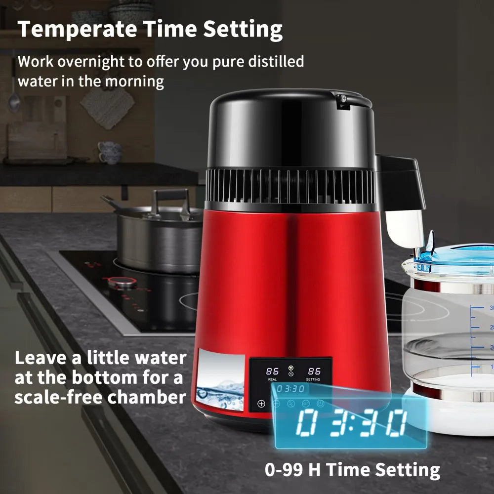 VEVOR Water Distiller, 1 L/H, 4L Distilled Water Maker w/ 0-99 H Timing, 750W Countertop Water Purifier w/Dual Temp Display, Glass Carafe Cleaning Powder 3 Carbon Packs Equipped, Red