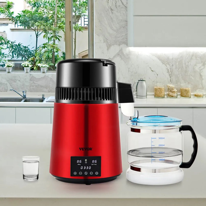 VEVOR Water Distiller, 1 L/H, 4L Distilled Water Maker w/ 0-99 H Timing, 750W Countertop Water Purifier w/Dual Temp Display, Glass Carafe Cleaning Powder 3 Carbon Packs Equipped, Red