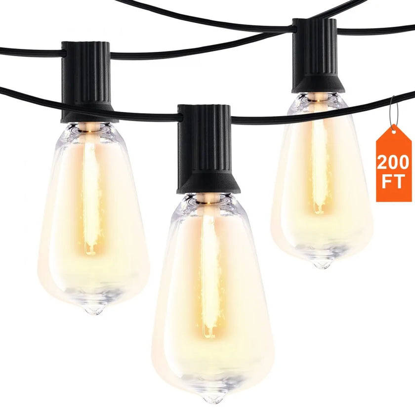 200FT LED Outdoor String Lights – 100 ST38 Shatterproof Bulbs – 2700K Dimmable Waterproof Patio Lights