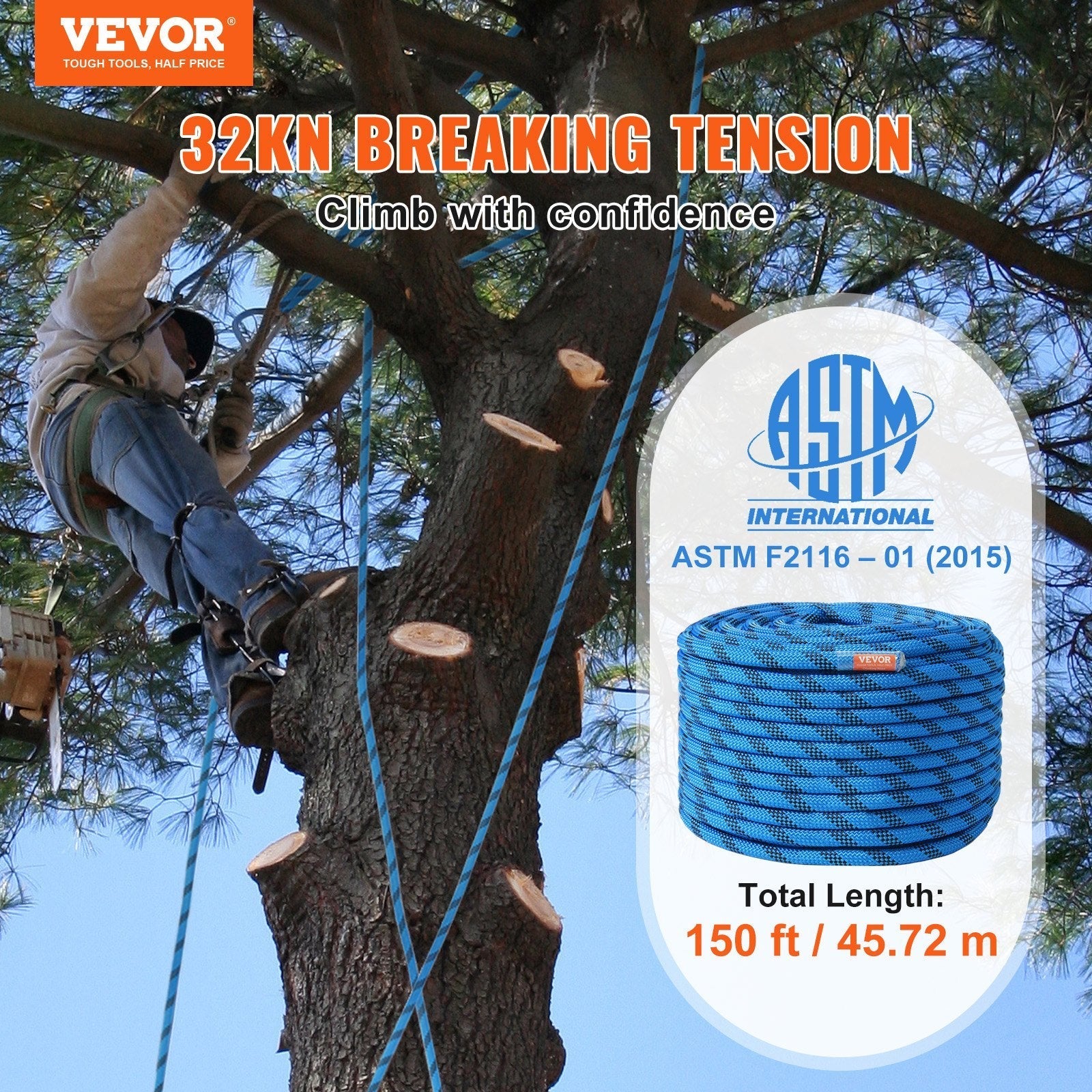 VEVOR 12.7mm Static Climbing Rope 45.7M(150ft) Outdoor Rock Climbing Rope Blue