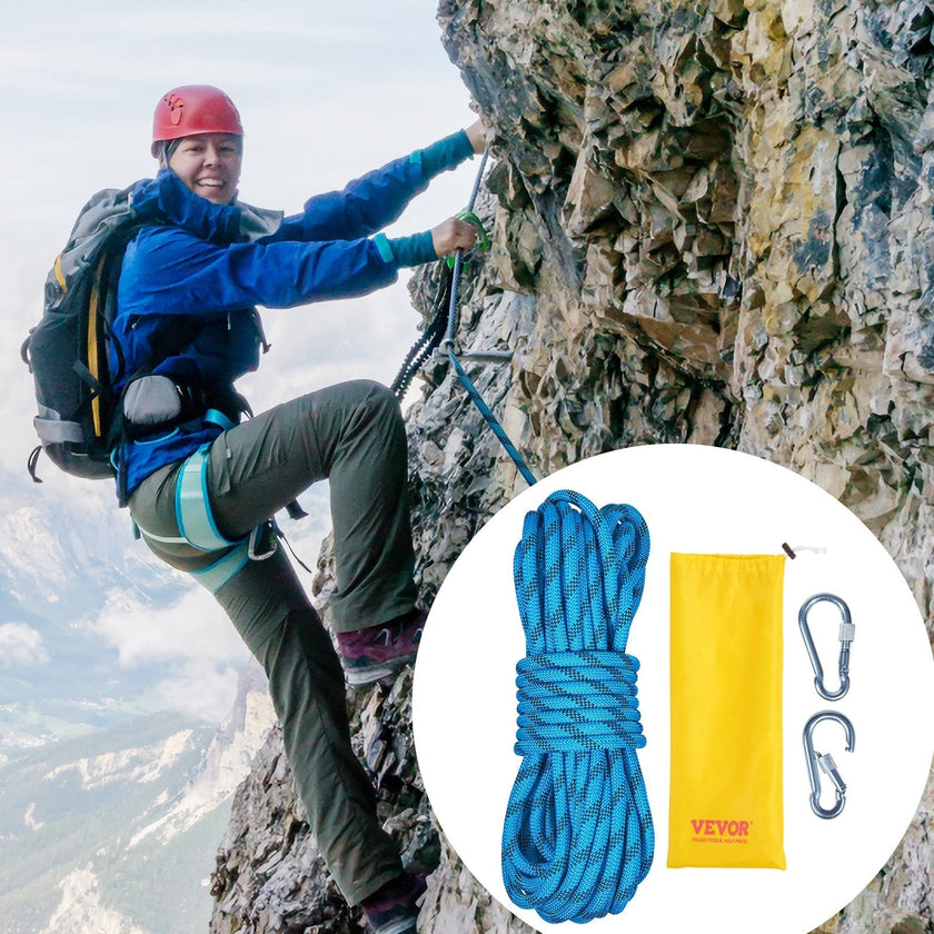VEVOR Static Climbing Rope, 64 ft Outdoor Rock Climbing Rope with 26KN Breaking Tension, 0.4'' /10mm High Strength Safety Rope, Escape Rope with 2pcs Carabiner and Storage Bag