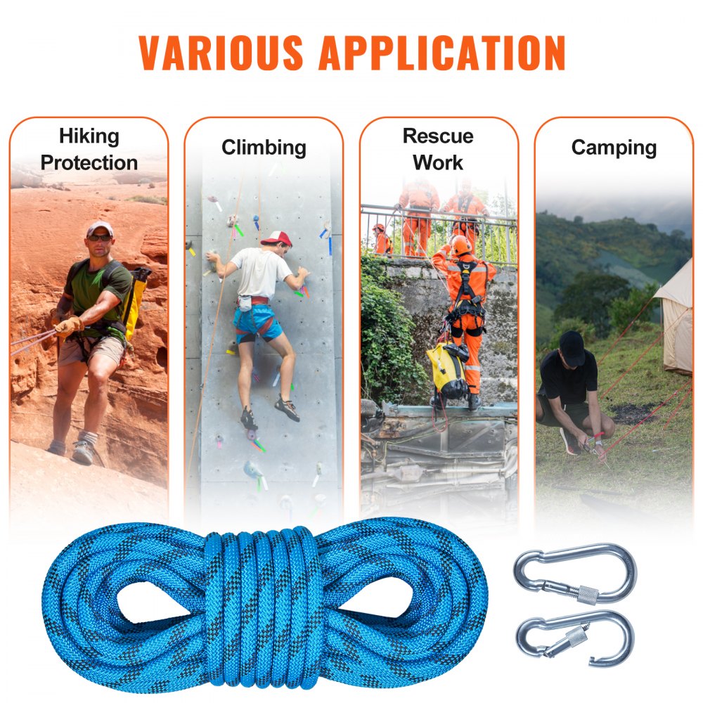 VEVOR Static Climbing Rope, 96 ft Outdoor Rock Climbing Rope with 26KN Breaking Tension, 0.4'' /10mm High Strength Safety Rope, Escape Rope with 2pcs Carabiner and Storage Bag