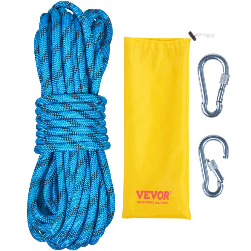 VEVOR Static Climbing Rope, 96 ft Outdoor Rock Climbing Rope with 26KN Breaking Tension, 0.4'' /10mm High Strength Safety Rope, Escape Rope with 2pcs Carabiner and Storage Bag