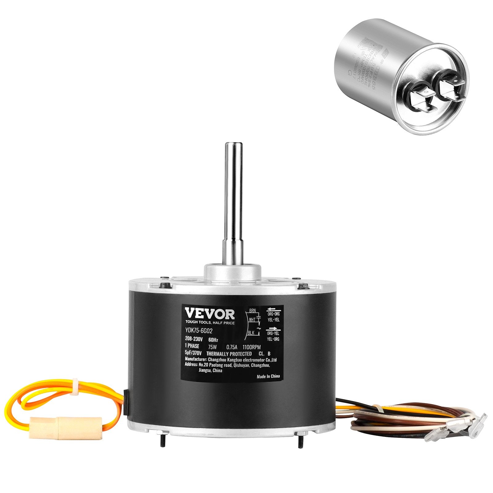 VEVOR Condenser Fan Motor 5KCP39BGS069S, 5KCP39BGY915S, 1/10 HP 208-230V, 1100RPM, OEM Standard Upgraded Replacement Condenser Motor Reversible Rotating, Explosion-proof CBB65 5?F/370V Capacitor