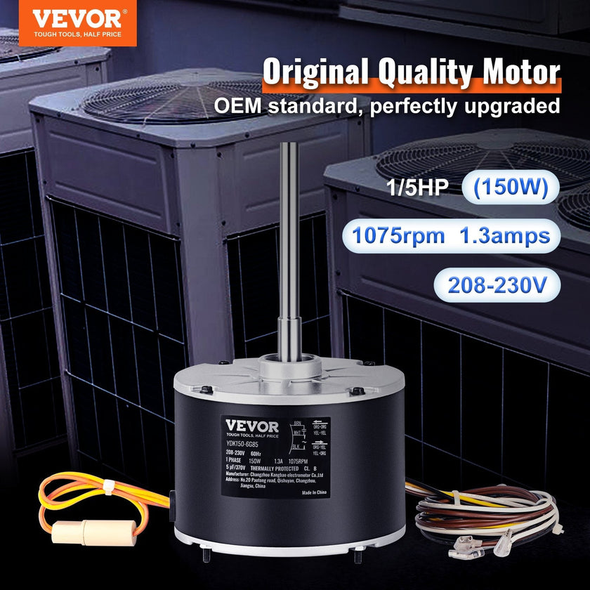 VEVOR Condenser Fan Motor K55HXJKL-2918, 51-23055-11, 1/5 HP 208-230V, 1075RPM, OEM Standard Upgraded Replacement Condenser Motor Reversible Rotating, Explosion-proof CBB65 5?F/370V Capacitor