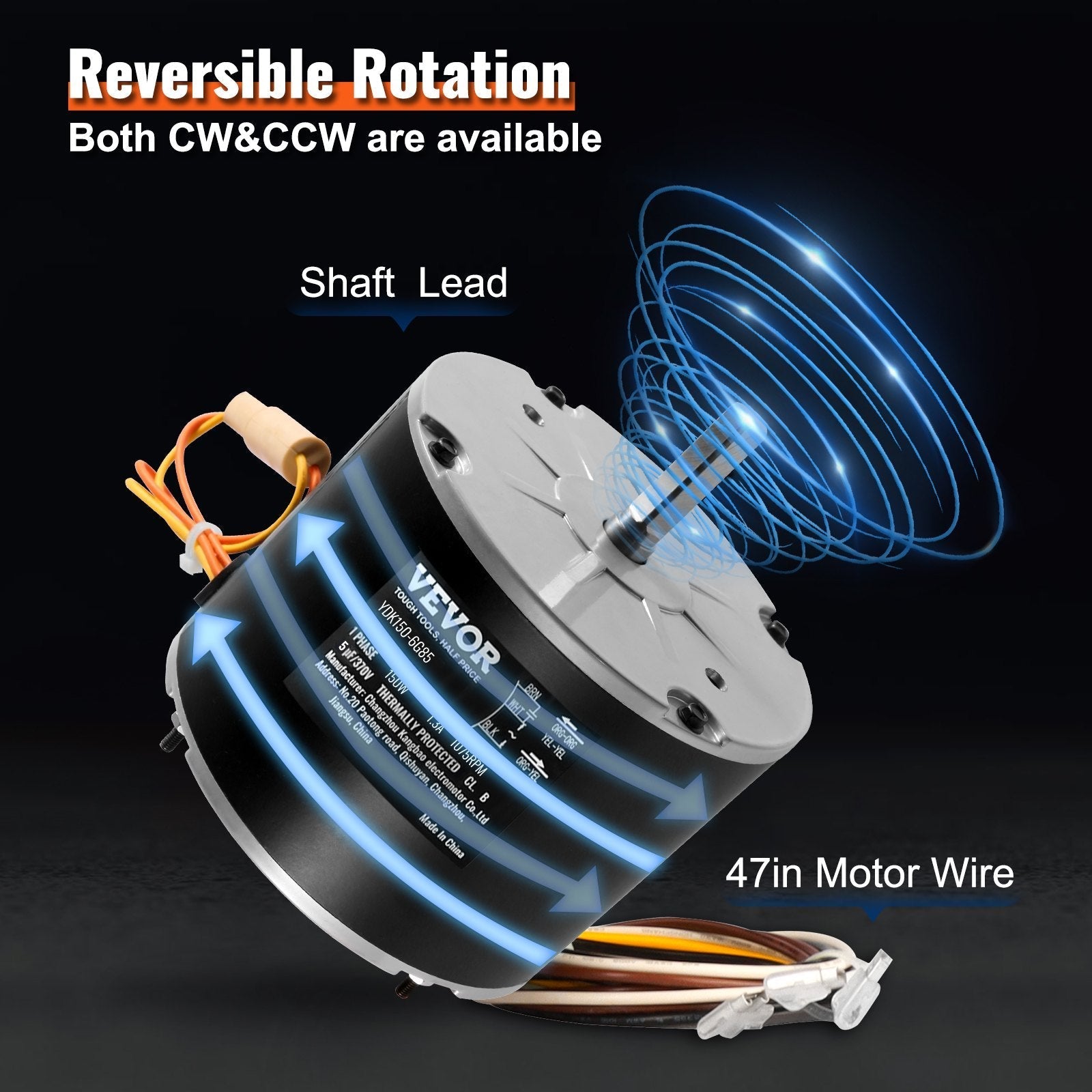 VEVOR Condenser Fan Motor K55HXJKL-2918, 51-23055-11, 1/5 HP 208-230V, 1075RPM, OEM Standard Upgraded Replacement Condenser Motor Reversible Rotating, Explosion-proof CBB65 5?F/370V Capacitor