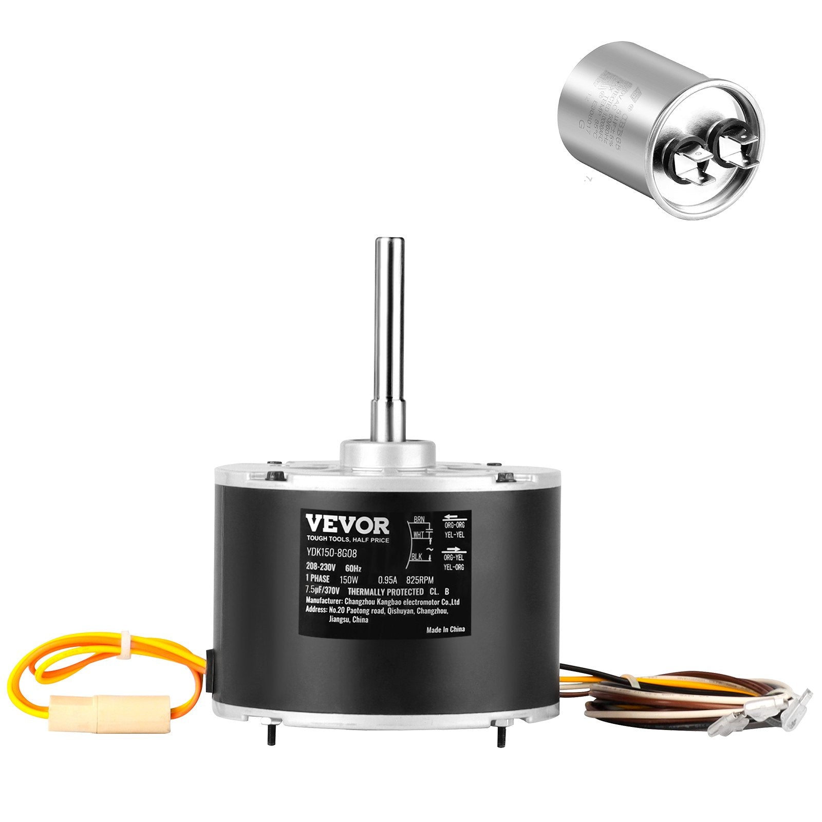 VEVOR Condenser Fan Motor 5KCP39GFS166S, 3S003, 1/5 HP 208-230V, 825RPM, OEM Standard Upgraded Replacement Condenser Motor Reversible Rotating, Explosion-proof CBB65 7.5?F/370V Capacitor
