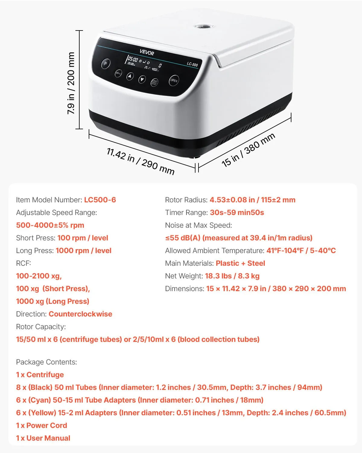 VEVOR Centrifuge Machine 2/5/10/15/50ml Speed 500-4000rpm with 1 Rotor and Timer