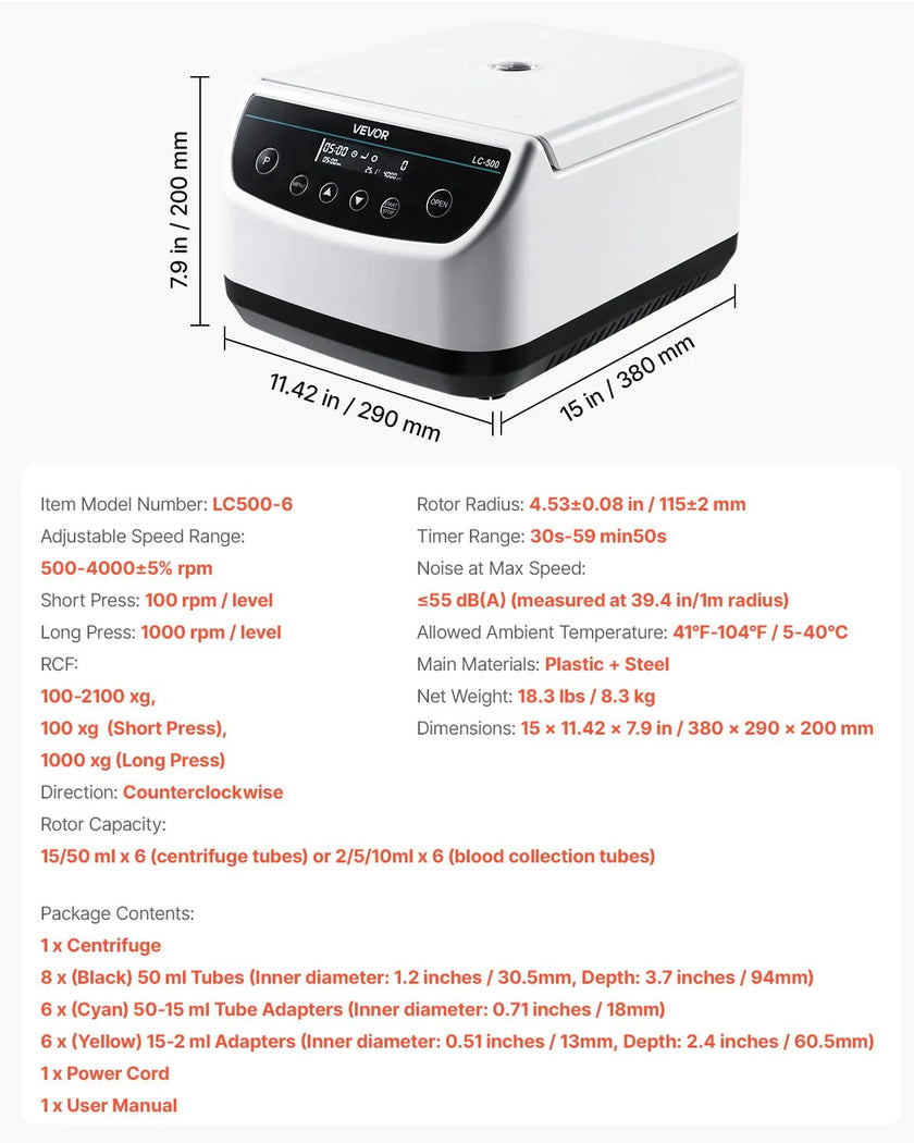 VEVOR Centrifuge Machine 2/5/10/15/50ml Speed 500-4000rpm with 1 Rotor and Timer