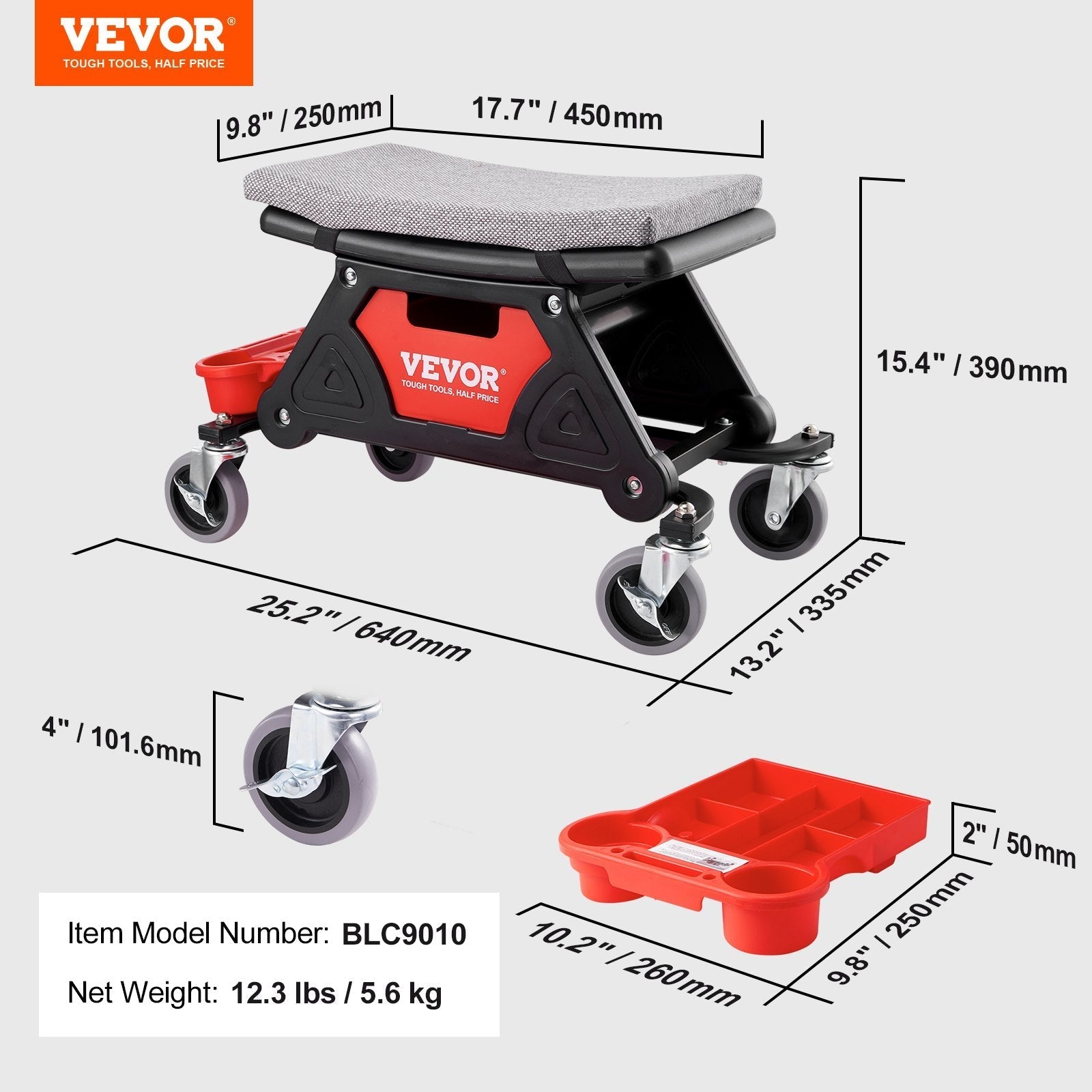 VEVOR Mechanics Stool, 300 LBS Capacity Rolling Mechanic Seat with 4