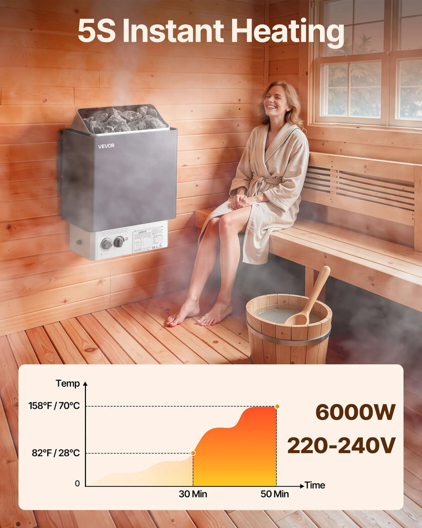 VEVOR Sauna Heater, 6KW 220V Electric Sauna Stove, Steam Bath Sauna Heater with Built-In Controls, 3h Timer and Adjustable Temp for Max. 176-318 Cubic Feet, Home Hotel Spa Shower Use