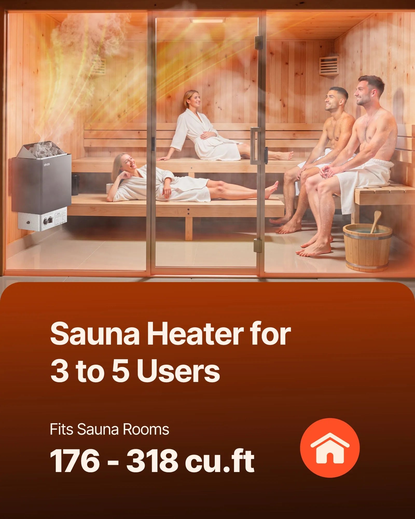 VEVOR Sauna Heater, 6KW 220V Electric Sauna Stove, Steam Bath Sauna Heater with Built-In Controls, 3h Timer and Adjustable Temp for Max. 176-318 Cubic Feet, Home Hotel Spa Shower Use