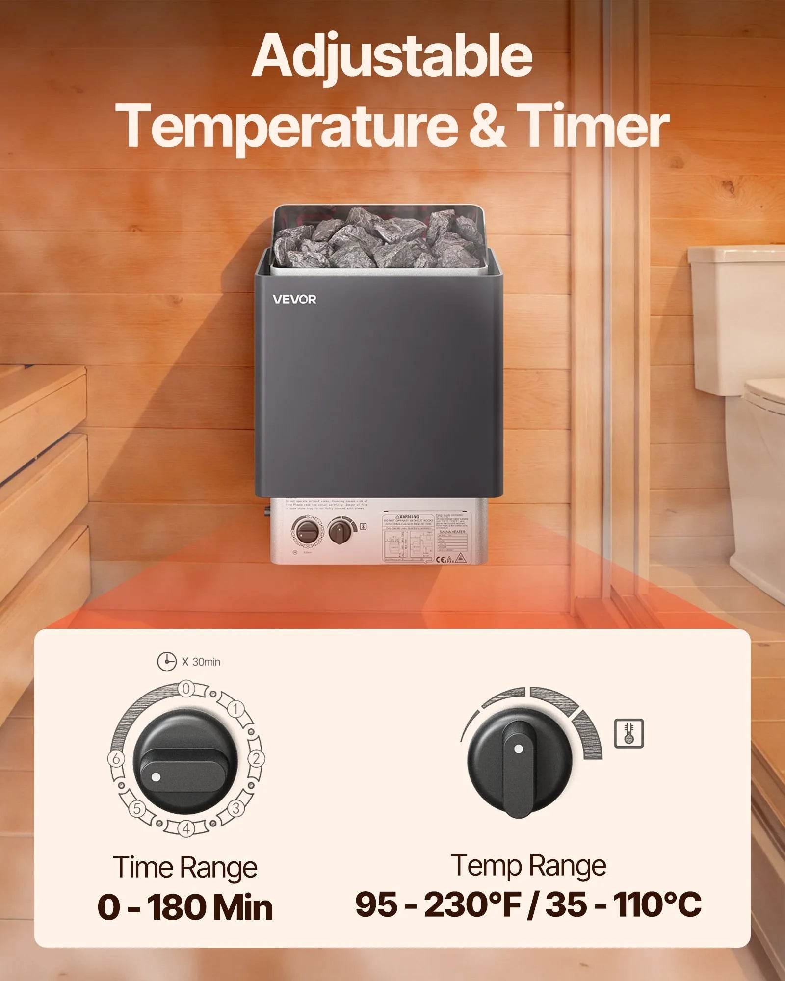 VEVOR Sauna Heater, 6KW 220V Electric Sauna Stove, Steam Bath Sauna Heater with Built-In Controls, 3h Timer and Adjustable Temp for Max. 176-318 Cubic Feet, Home Hotel Spa Shower Use
