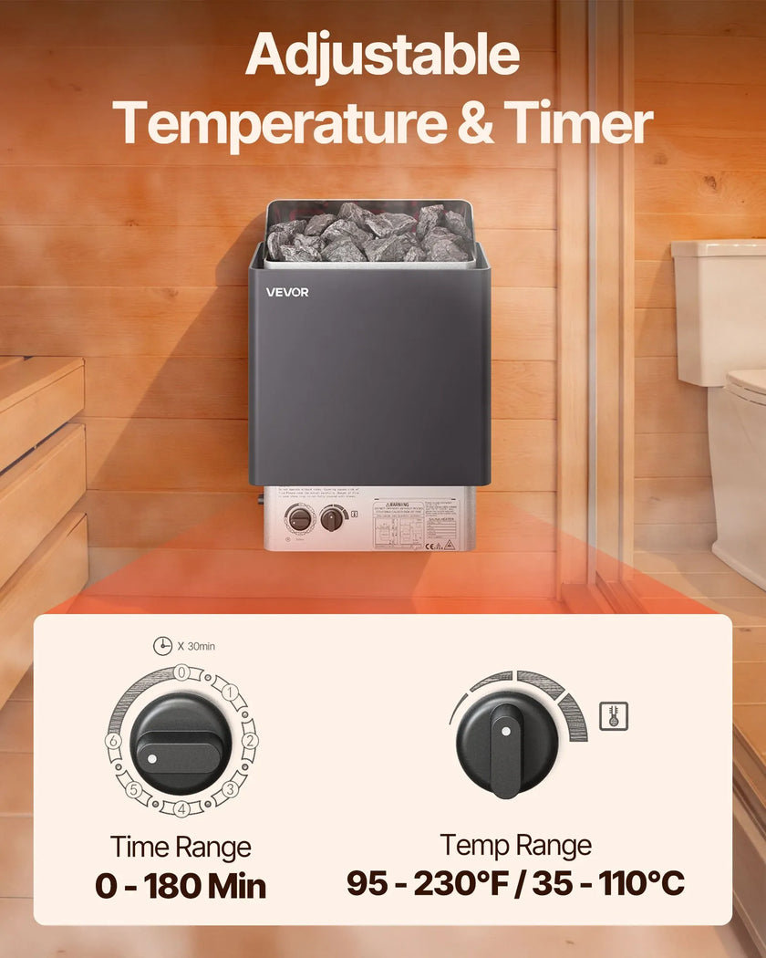 VEVOR Sauna Heater, 6KW 220V Electric Sauna Stove, Steam Bath Sauna Heater with Built-In Controls, 3h Timer and Adjustable Temp for Max. 176-318 Cubic Feet, Home Hotel Spa Shower Use