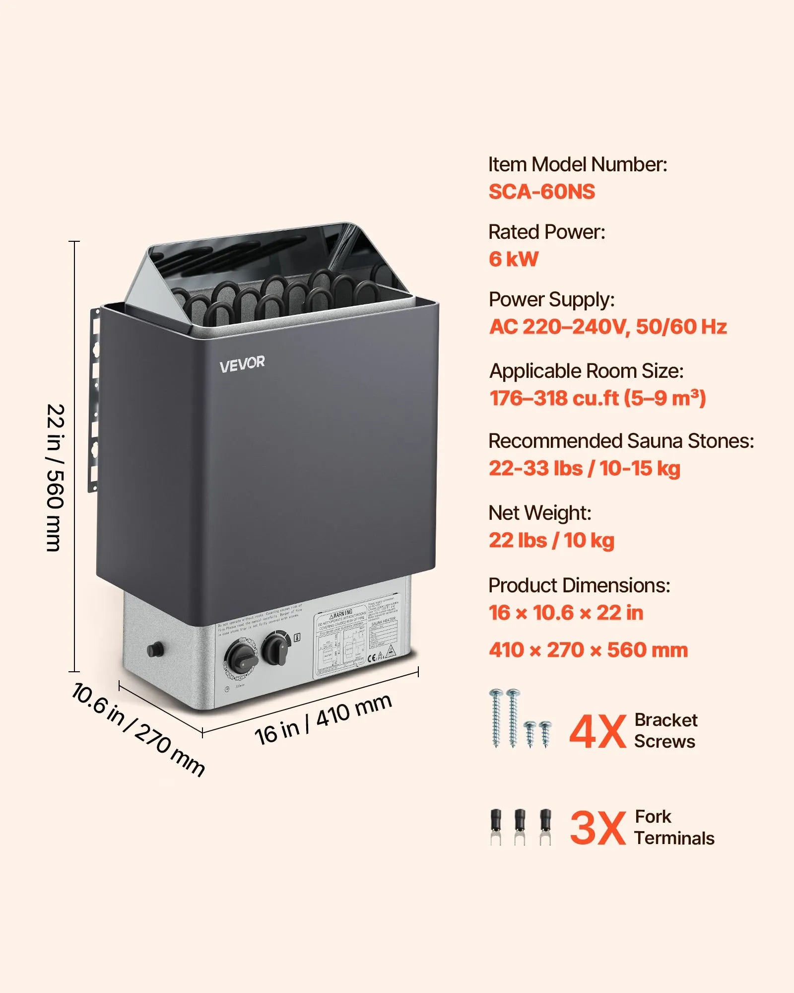 VEVOR Sauna Heater, 6KW 220V Electric Sauna Stove, Steam Bath Sauna Heater with Built-In Controls, 3h Timer and Adjustable Temp for Max. 176-318 Cubic Feet, Home Hotel Spa Shower Use