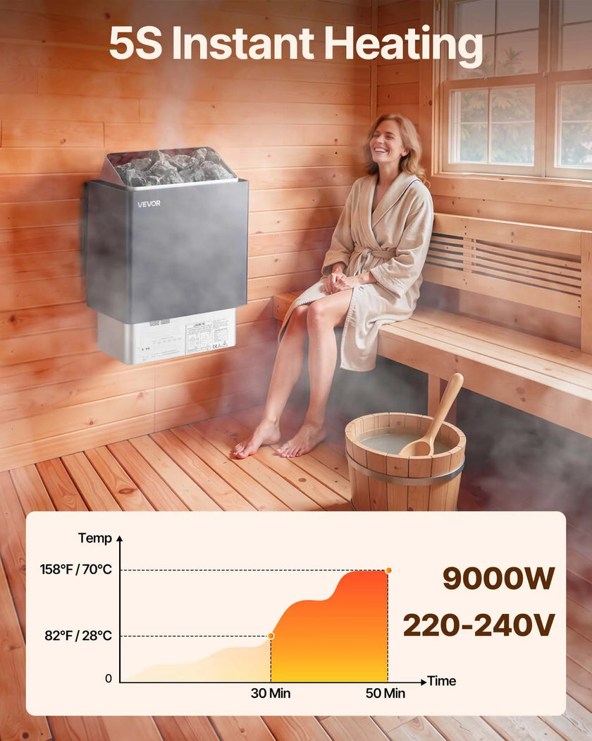 VEVOR Sauna Heater, 9KW 220V Electric Sauna Stove, Steam Bath Sauna Heater with External Digital Controller, 3h Timer and Adjustable Temp for Max. 317-459 Cubic Feet, Home Hotel Spa Shower Use