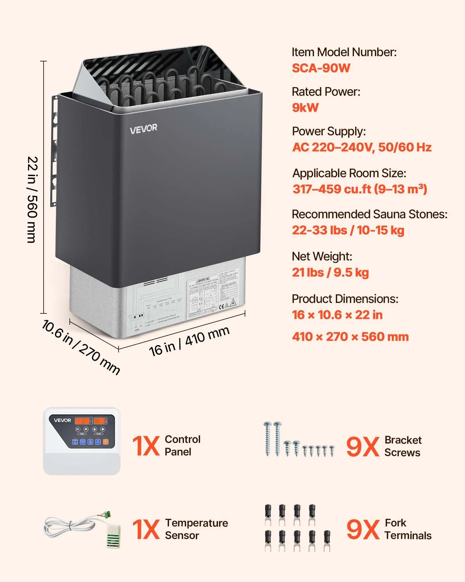 VEVOR Sauna Heater, 9KW 220V Electric Sauna Stove, Steam Bath Sauna Heater with External Digital Controller, 3h Timer and Adjustable Temp for Max. 317-459 Cubic Feet, Home Hotel Spa Shower Use