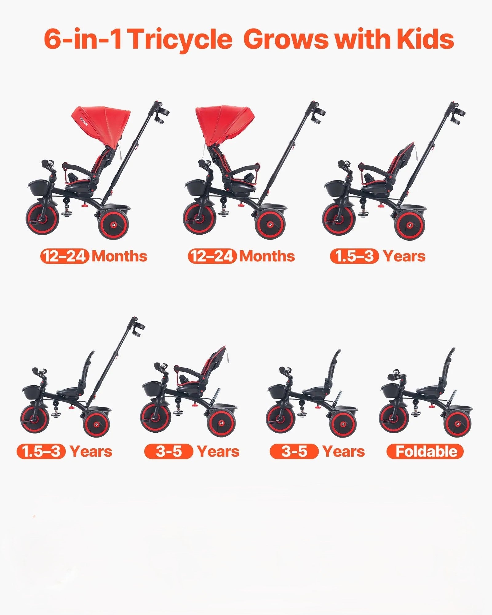 6-in-1 Toddler Tricycle & Stroller with Push Handle (Red/Black)