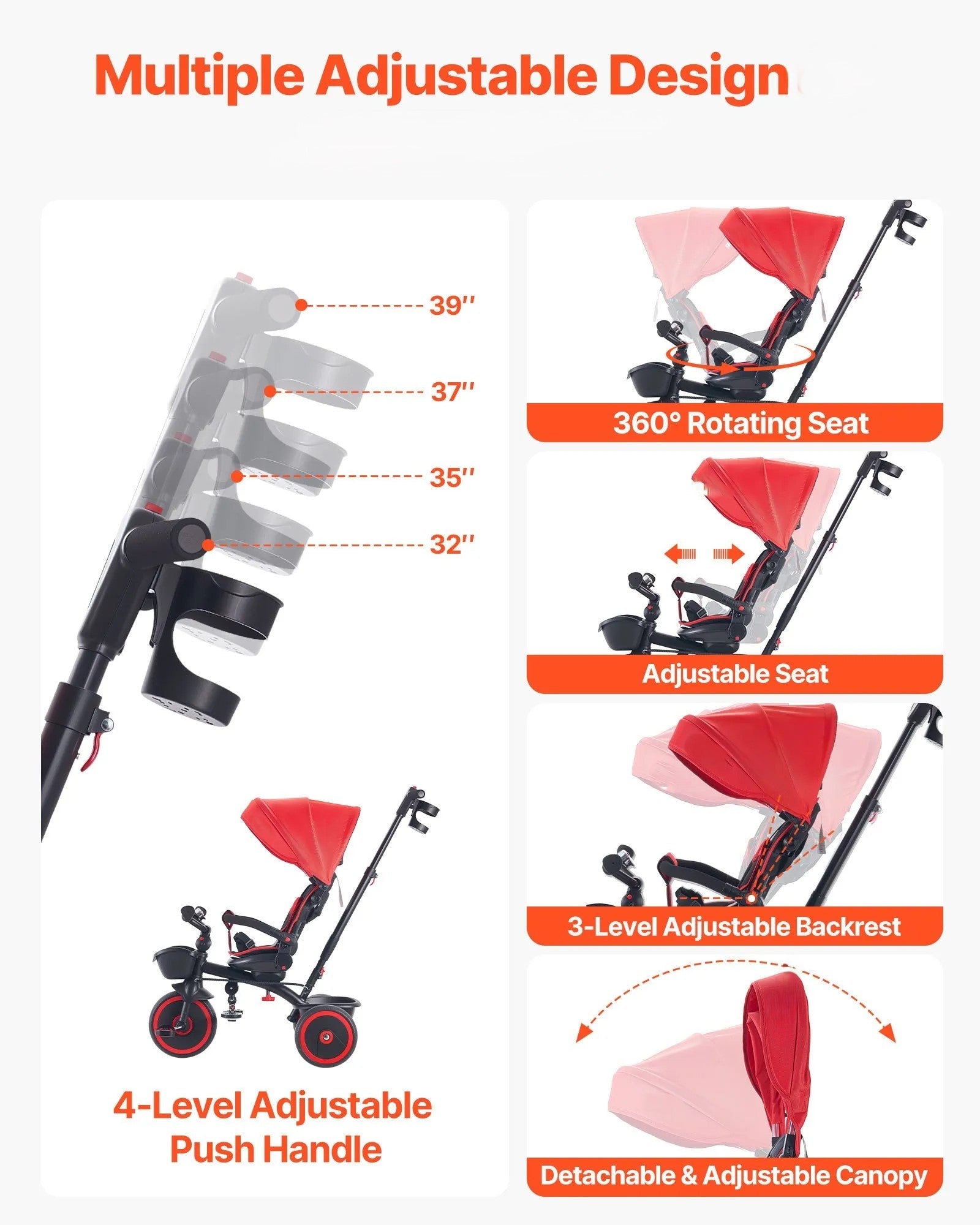 6-in-1 Toddler Tricycle & Stroller with Push Handle (Red/Black)