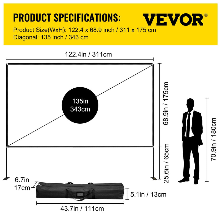 VEVOR Outdoor Movie Screen w/ Stand Portable Movie Screen 135