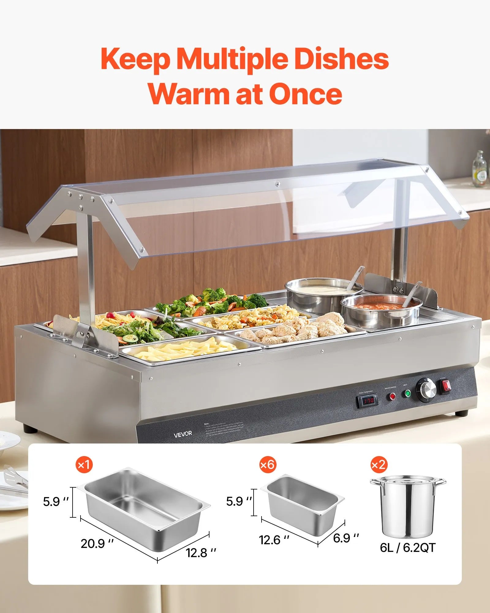 VEVOR Commercial Soup Warmer Soup Station with Cover 2-Pot & 6-Pan Soup Kettle