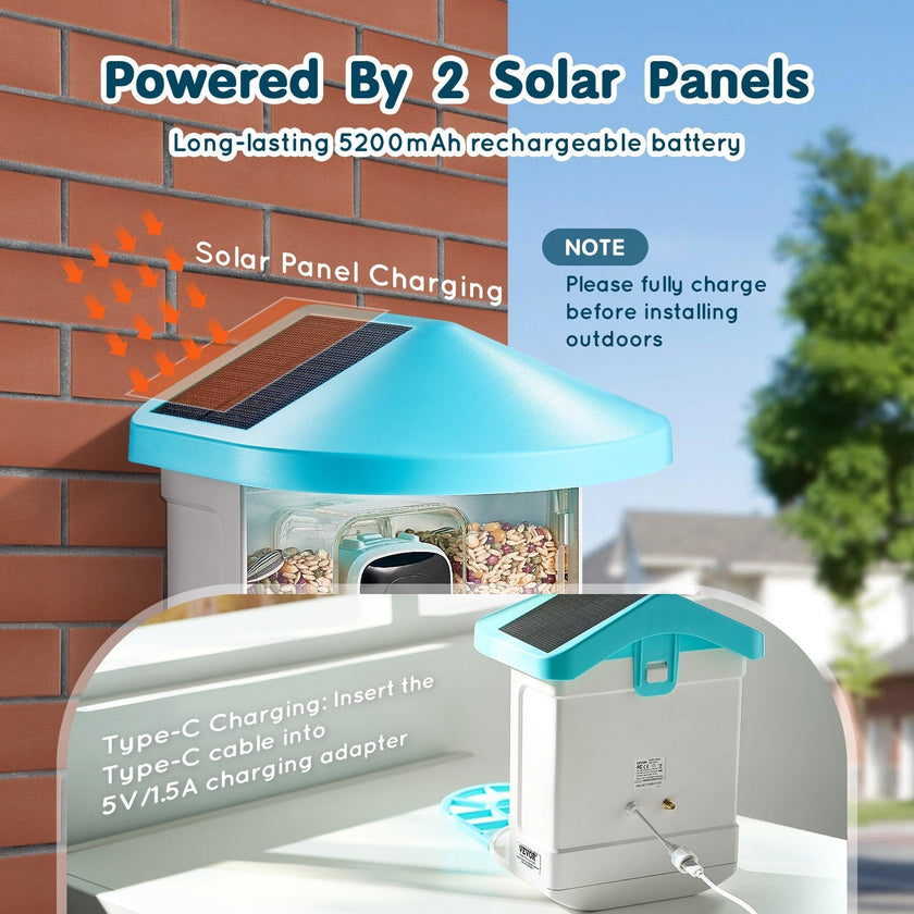 VEVOR Smart Bird Feeder with Camera 2K HD AI Identify Bird Species Solar-Powered