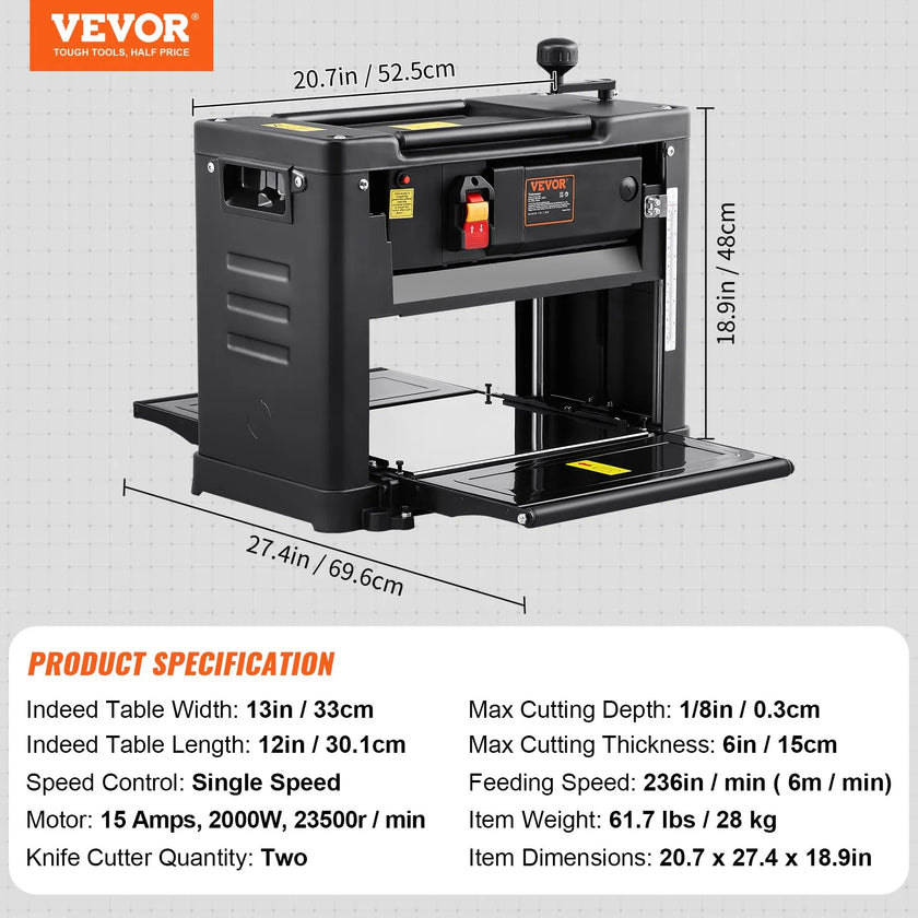 VEVOR Thickness Planer, Single Speed, 13
