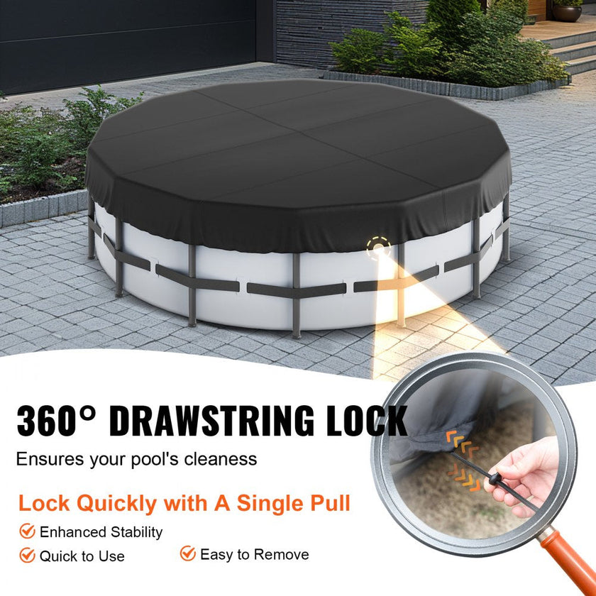 VEVOR 15 Ft Round Pool Cover, Solar Covers for Above Ground Pools, Safety Pool Cover with Drawstring Design, 420D Oxford Fabric Winter Pool Cover, Waterproof and Dustproof, Black